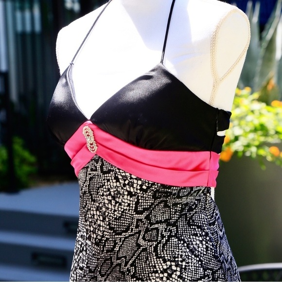 Blondie Nites ✦ Animal Print Strapless Gown ✦ Black & Pink Halter Prom Dress 3 - Picture 14 of 17